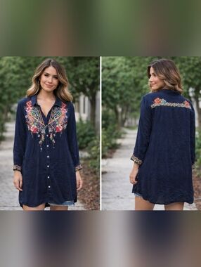 Johnny Was Navy Embroidered Tunic Dress Boho Floral Button Front Size L